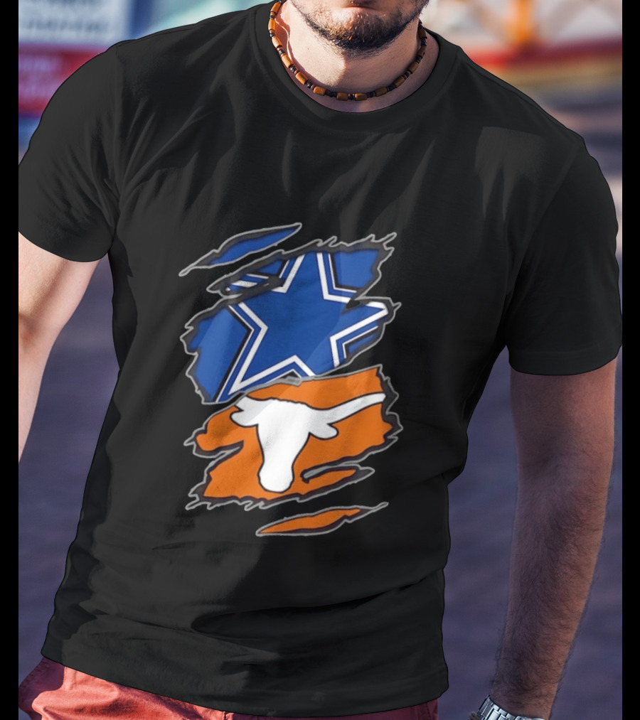 Dallas Cowboys Texas Longhorns Two Teams One Heart Scratch Torn Star Helmet T-Shirt