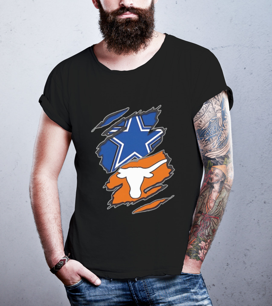 Dallas Cowboys Texas Longhorns Two Teams One Heart Scratch Torn Star Helmet T-Shirt