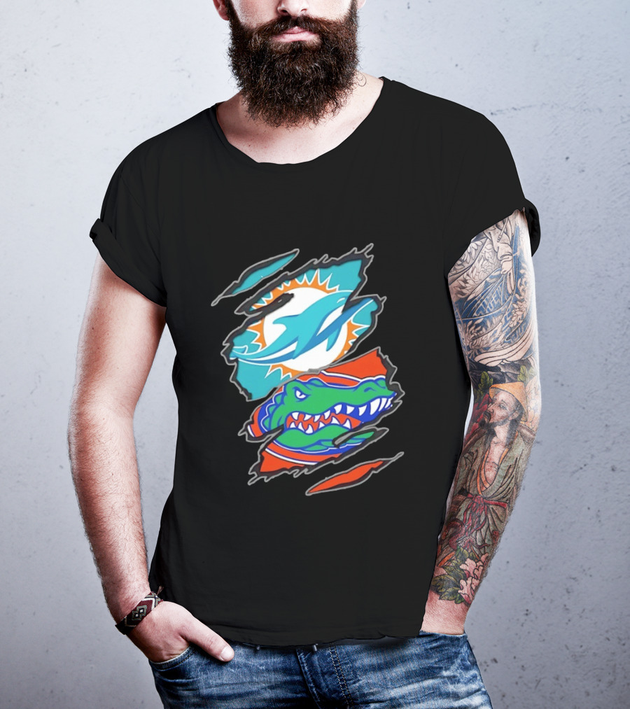 Miami Dolphins Florida Gators Two Teams One Heart Scratch T-Shirt