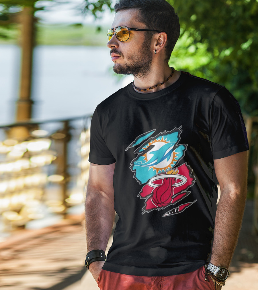 Miami Dolphins Miami Heat Two Teams One Heart Scratch T-Shirt