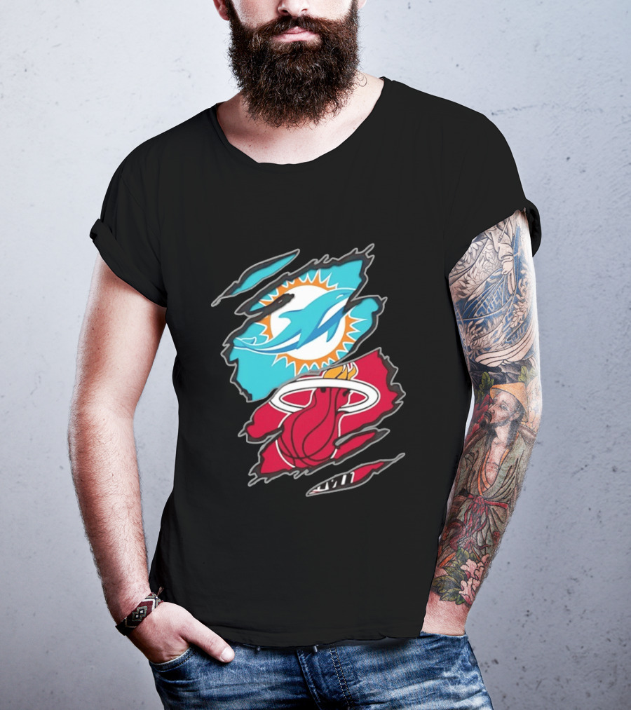 Miami Dolphins Miami Heat Two Teams One Heart Scratch T-Shirt