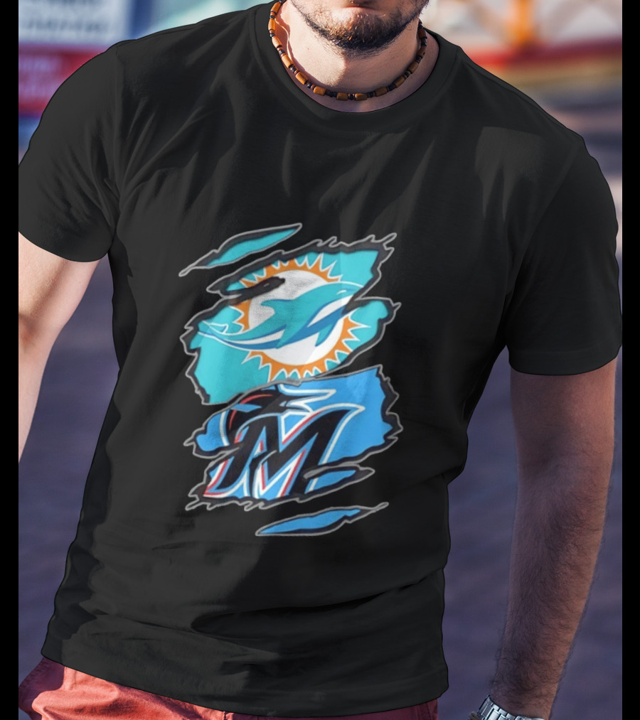 Miami Dolphins Miami Marlins Two Teams One Heart Scratch Marks T-Shirt