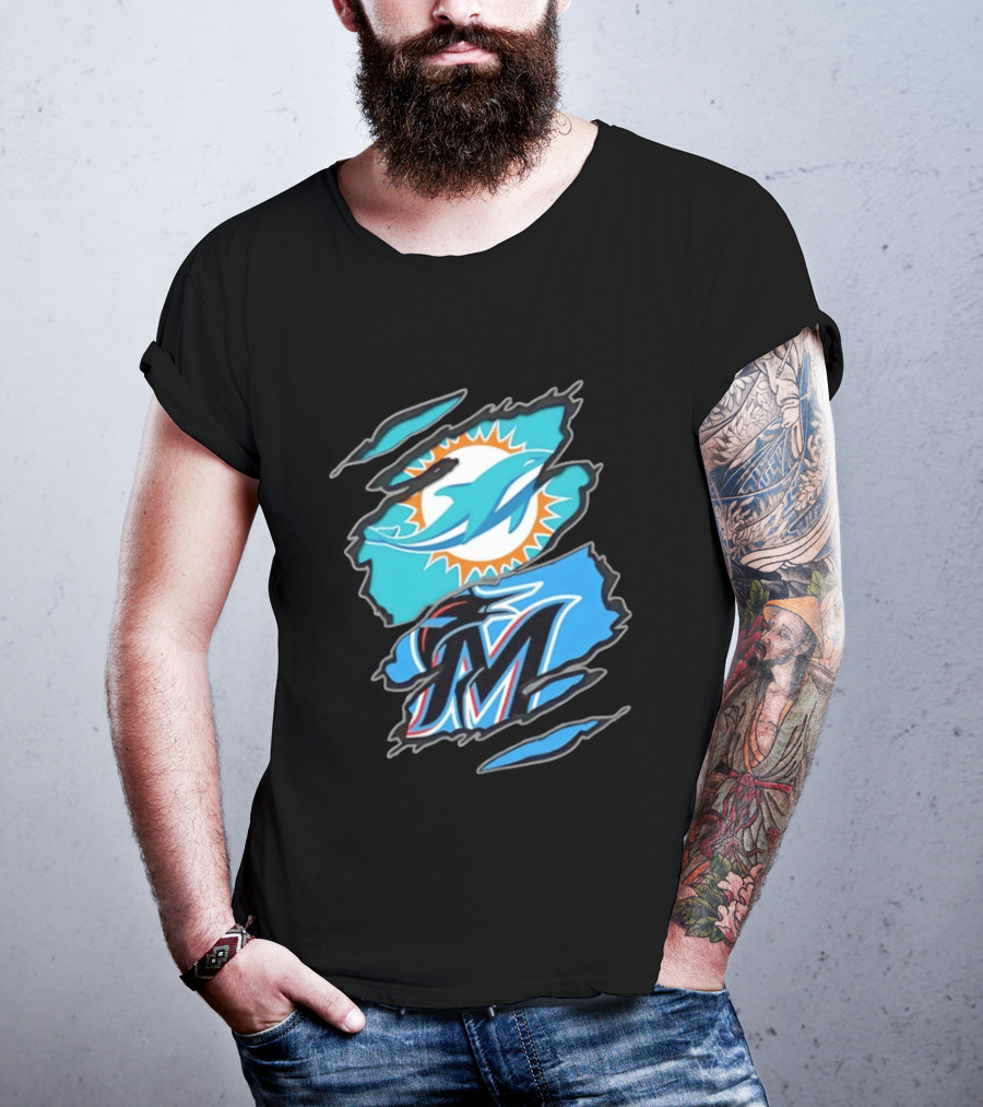 Miami Dolphins Miami Marlins Two Teams One Heart Scratch Marks T-Shirt