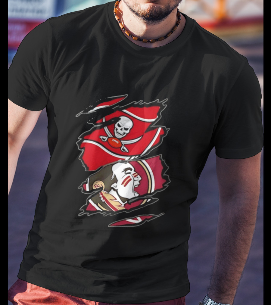 Tampa Bay Buccaneers And Florida State Seminoles Two Teams One Heart Scratch Skull Flag Warrior Face T-Shirt