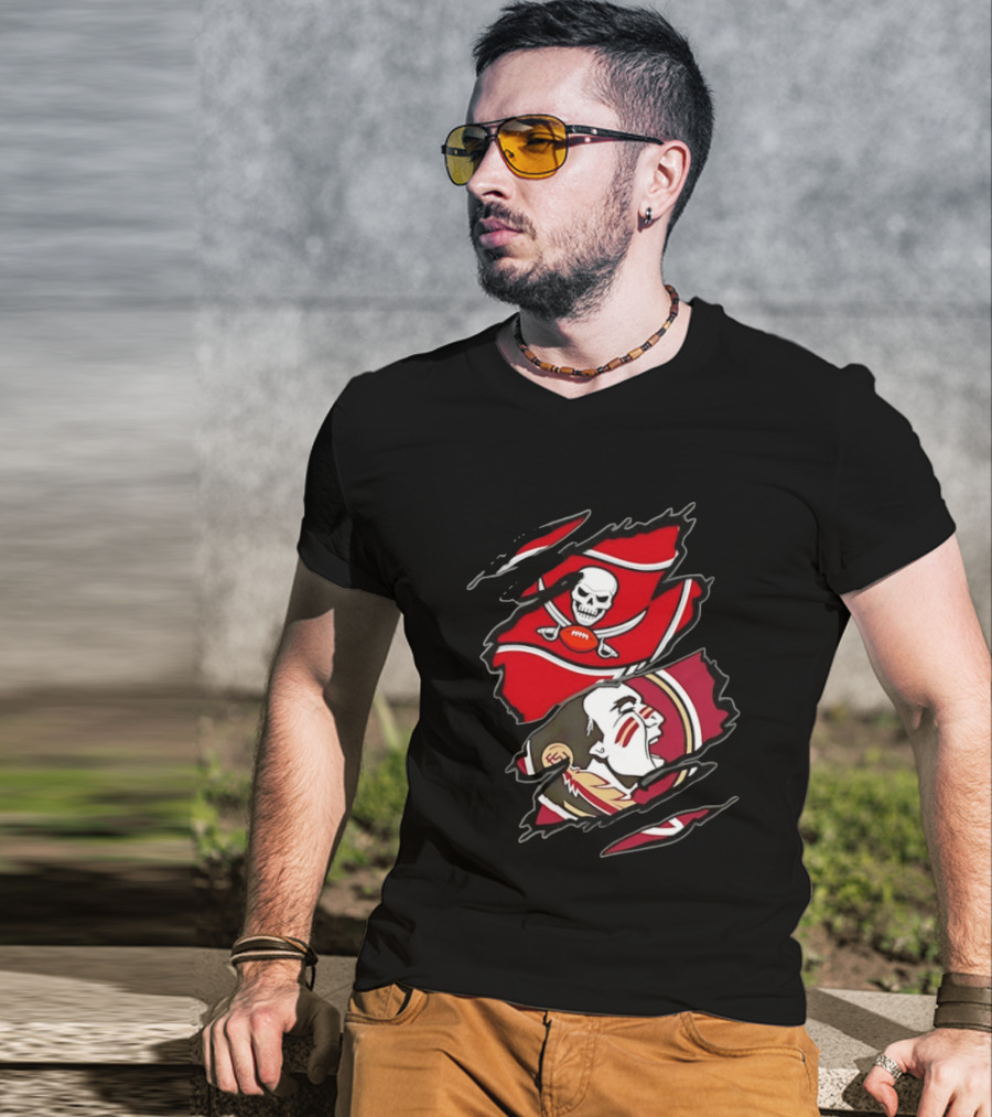 Tampa Bay Buccaneers And Florida State Seminoles Two Teams One Heart Scratch Skull Flag Warrior Face T-Shirt