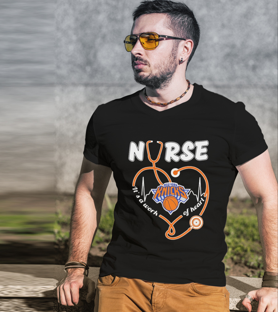 New York Knicks Nurse Stethoscope Heartbeat It's A Work Of Heart T-Shirt