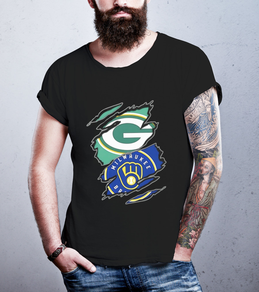Green Bay Packers Milwaukee Brewers Two Teams One Heart Scratch T-Shirt