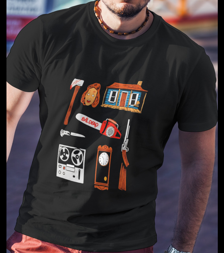 Evil Dead Horror Collage Chainsaw Cabin Axe Ash Williams T-Shirt