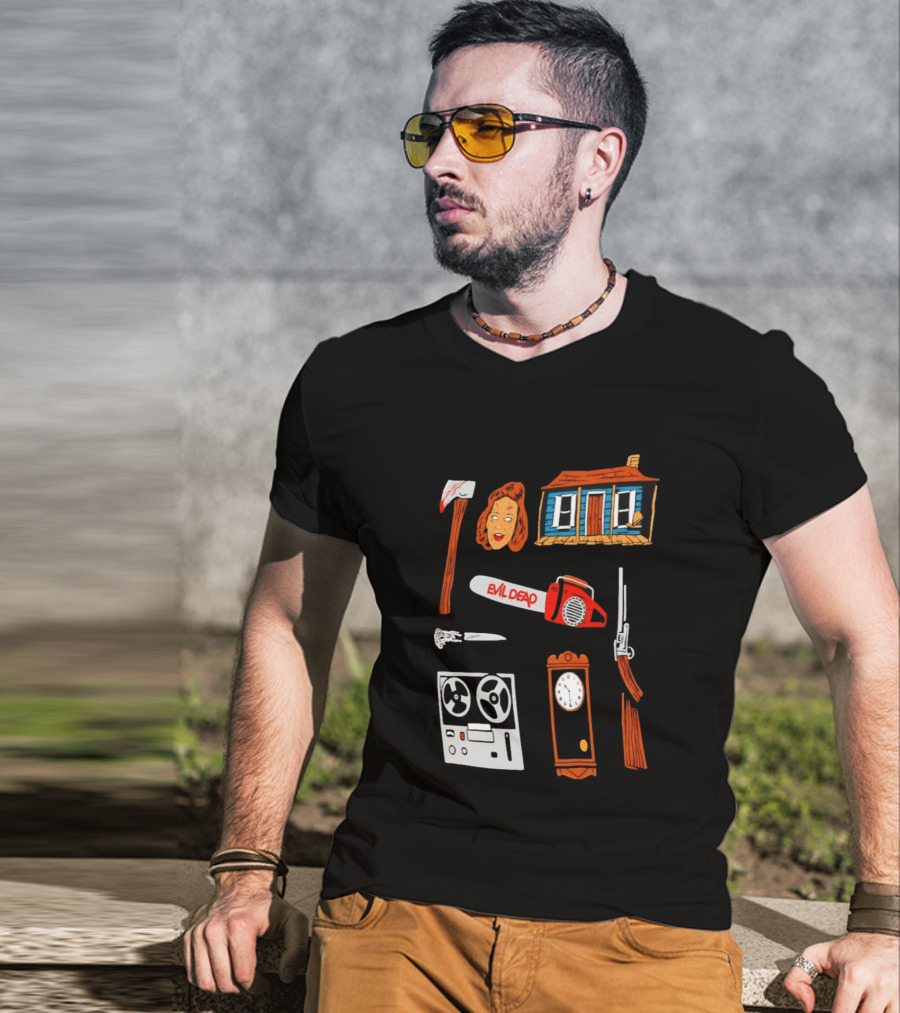 Evil Dead Horror Collage Chainsaw Cabin Axe Ash Williams T-Shirt