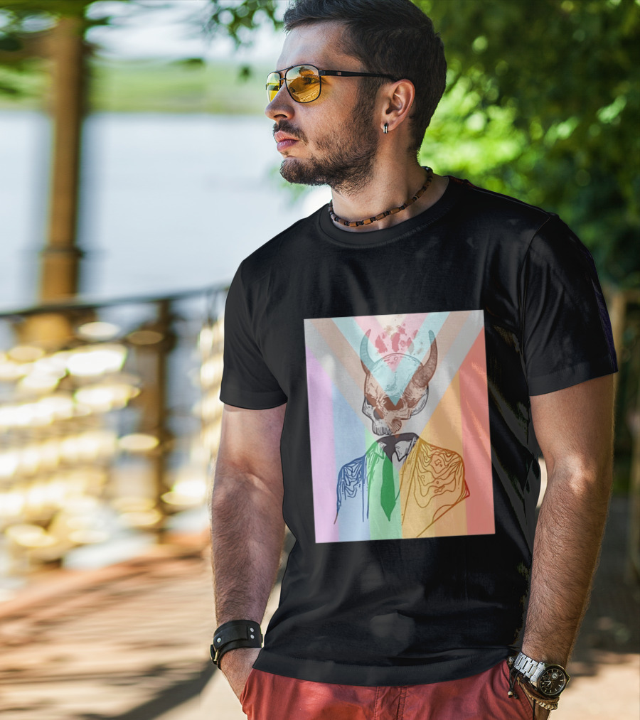 Horned Devil Skull Suit Pride Flag Surrealism Abstract Colorful T-Shirt