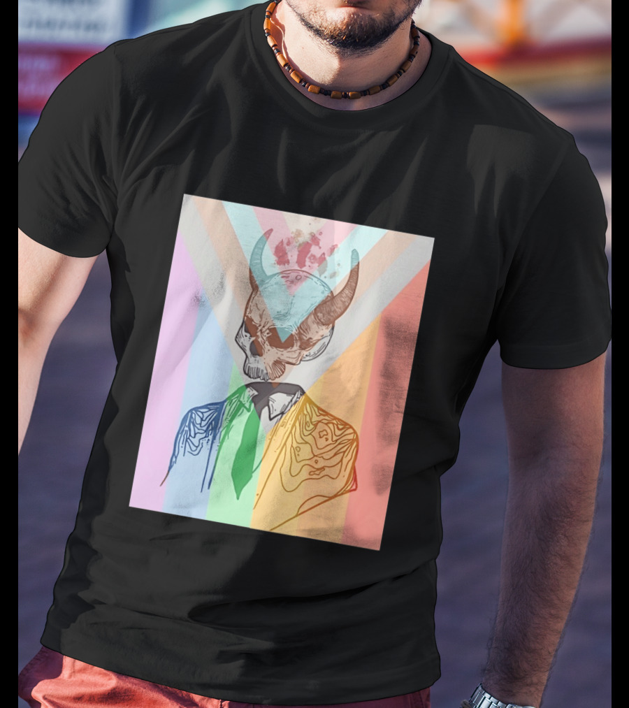 Horned Devil Skull Suit Pride Flag Surrealism Abstract Colorful T-Shirt
