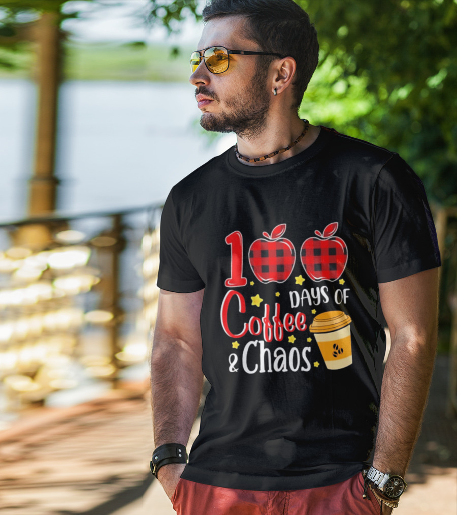 100 Days Of Coffee And Chaos Plaid Apple School Teacher Fun T-Shirt