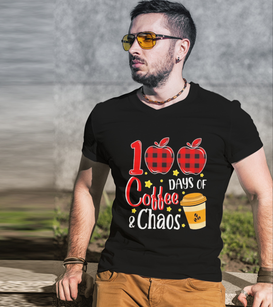 100 Days Of Coffee And Chaos Plaid Apple School Teacher Fun T-Shirt