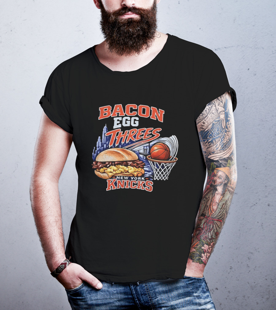 Bacon Egg And Threes New York Knicks Basketball Skyline Basketball Hoop Burger T-Shirt