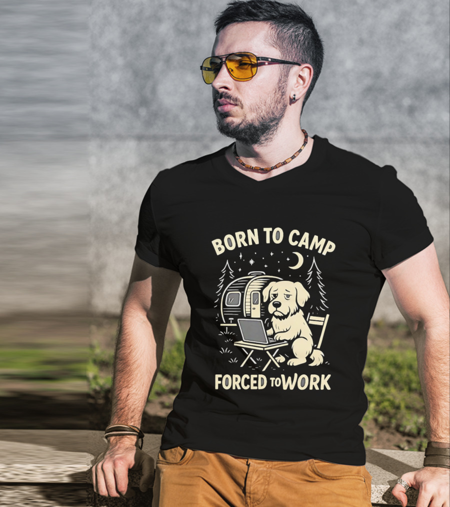 Born To Camp Forced To Work Cartoon Dog With Laptop And Camper Scene T-Shirt