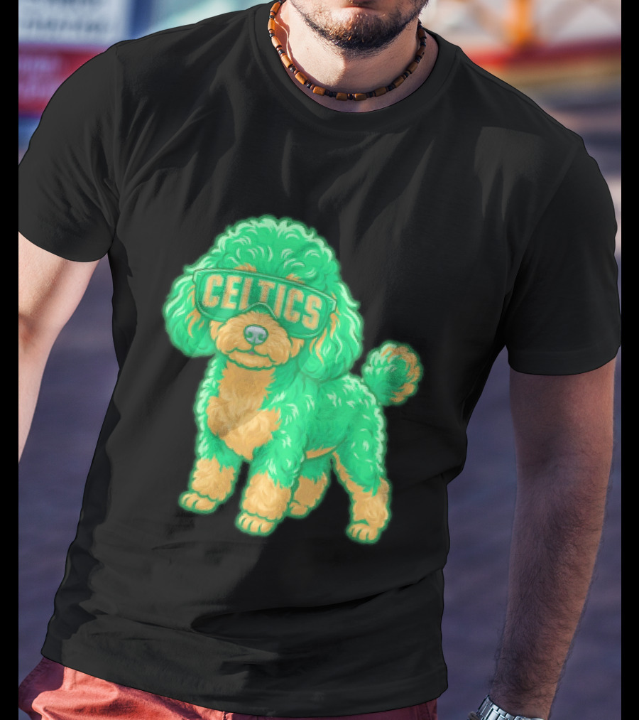 Boston Celtics Teacup Poodle Cartoon With Celtics Sunglasses T-Shirt