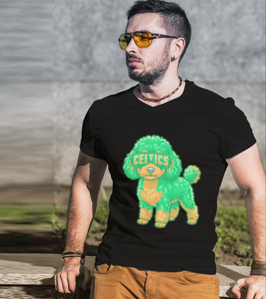 Boston Celtics Teacup Poodle Cartoon With Celtics Sunglasses T-Shirt