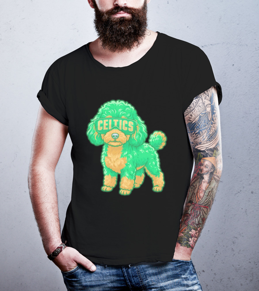 Boston Celtics Teacup Poodle Cartoon With Celtics Sunglasses T-Shirt