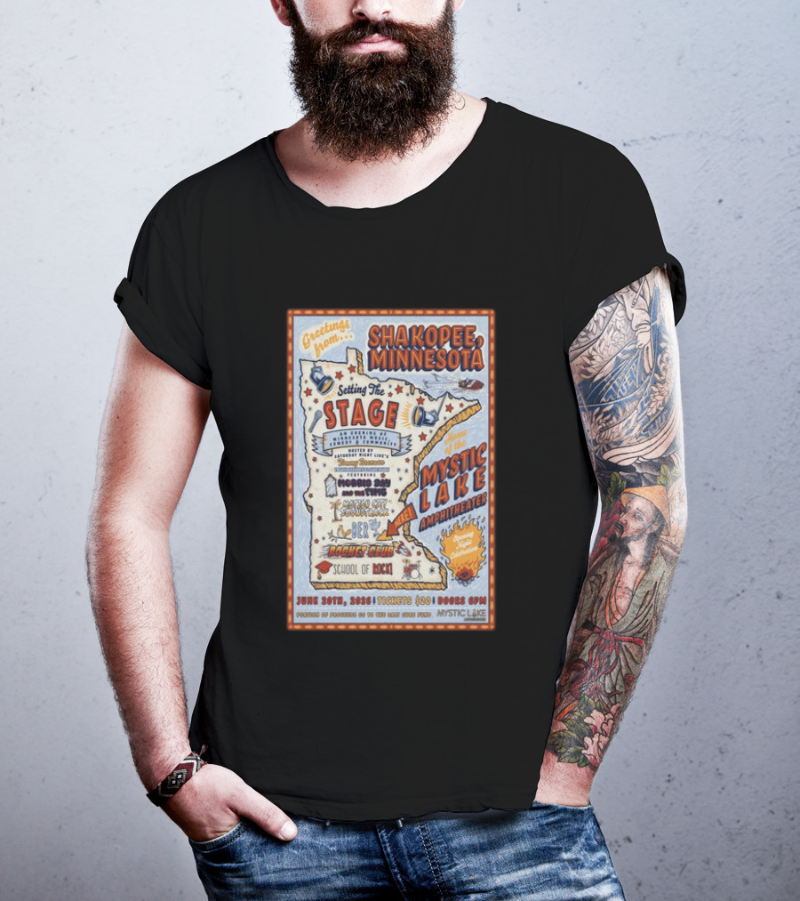 Greetings From Shakopee Minnesota Mystic Lake Amphitheater June 20 2026 Setting The Stage School Of Rock Band Event T-Shirt