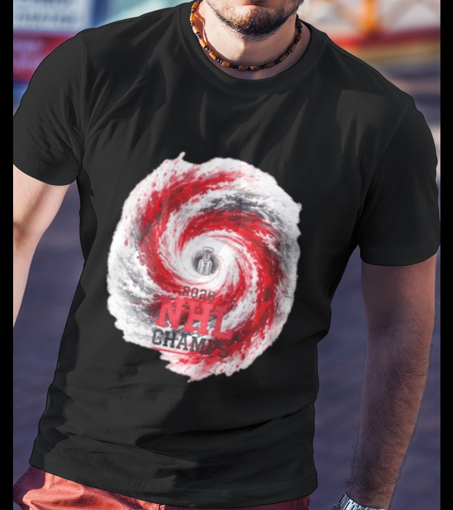 Carolina Hurricanes 2026 NHL Champs Storm With Hockey Trophy And Red Gray Swirl T-Shirt