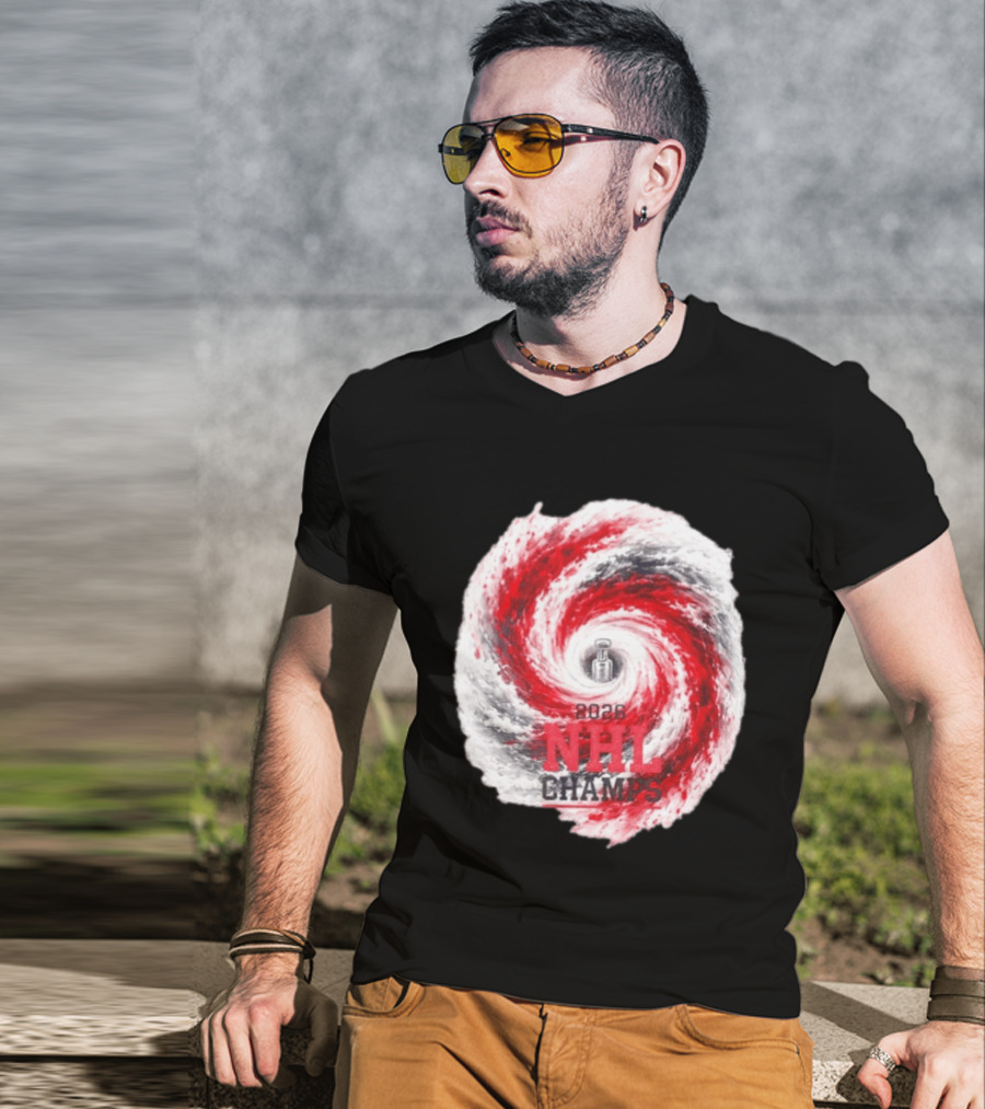 Carolina Hurricanes 2026 NHL Champs Storm With Hockey Trophy And Red Gray Swirl T-Shirt