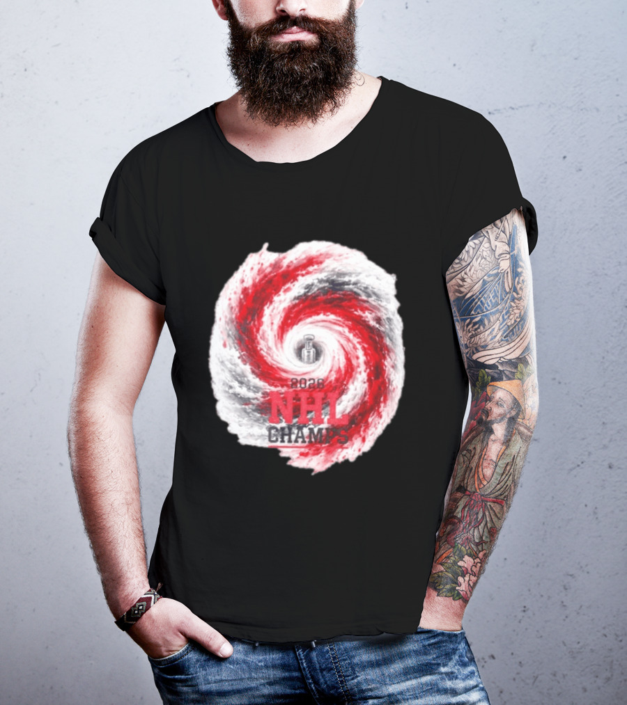 Carolina Hurricanes 2026 NHL Champs Storm With Hockey Trophy And Red Gray Swirl T-Shirt