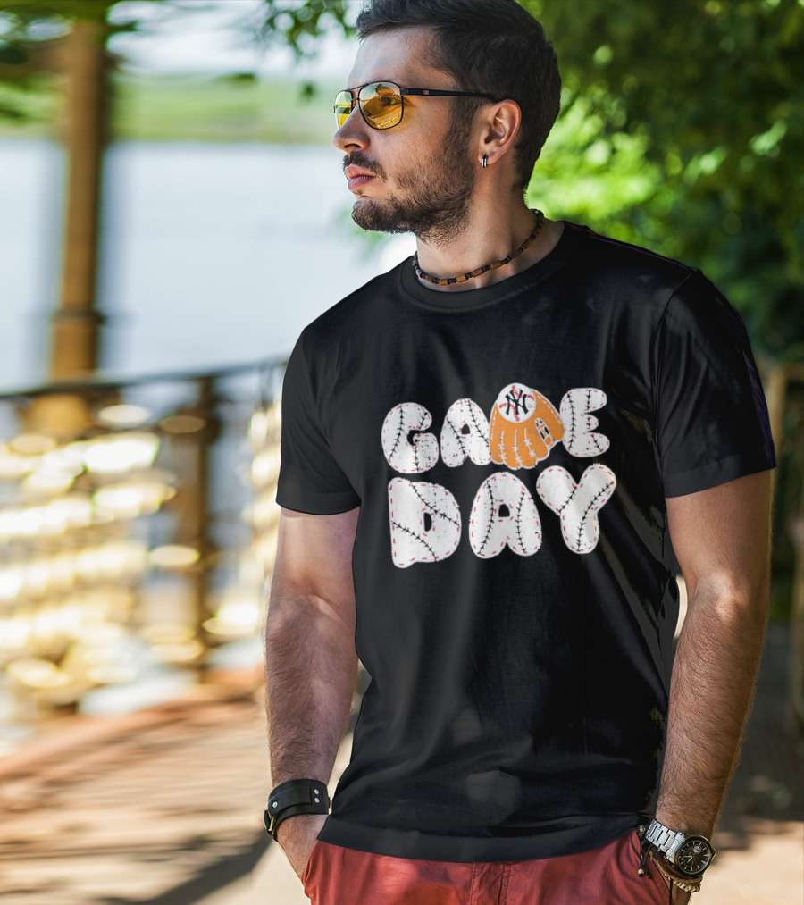 New York Yankees Game Day Baseball MLB NYY Glove And Ball Stitching T-Shirt