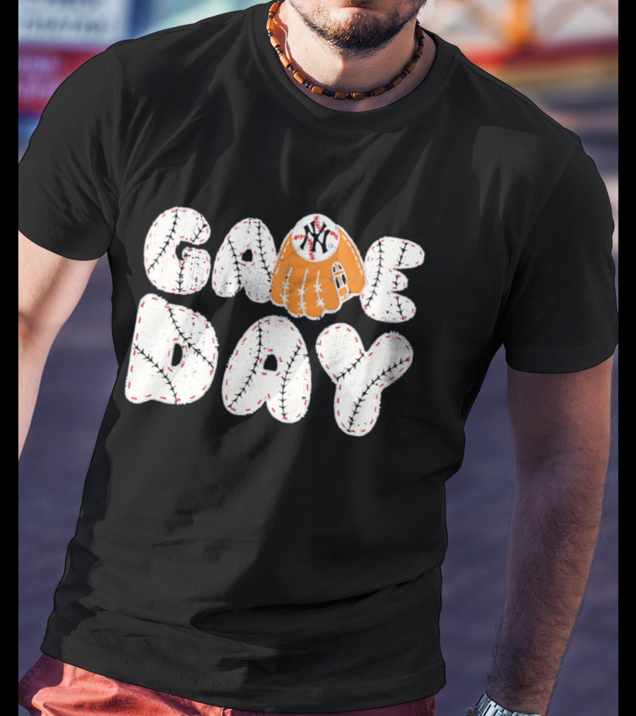 New York Yankees Game Day Baseball MLB NYY Glove And Ball Stitching T-Shirt