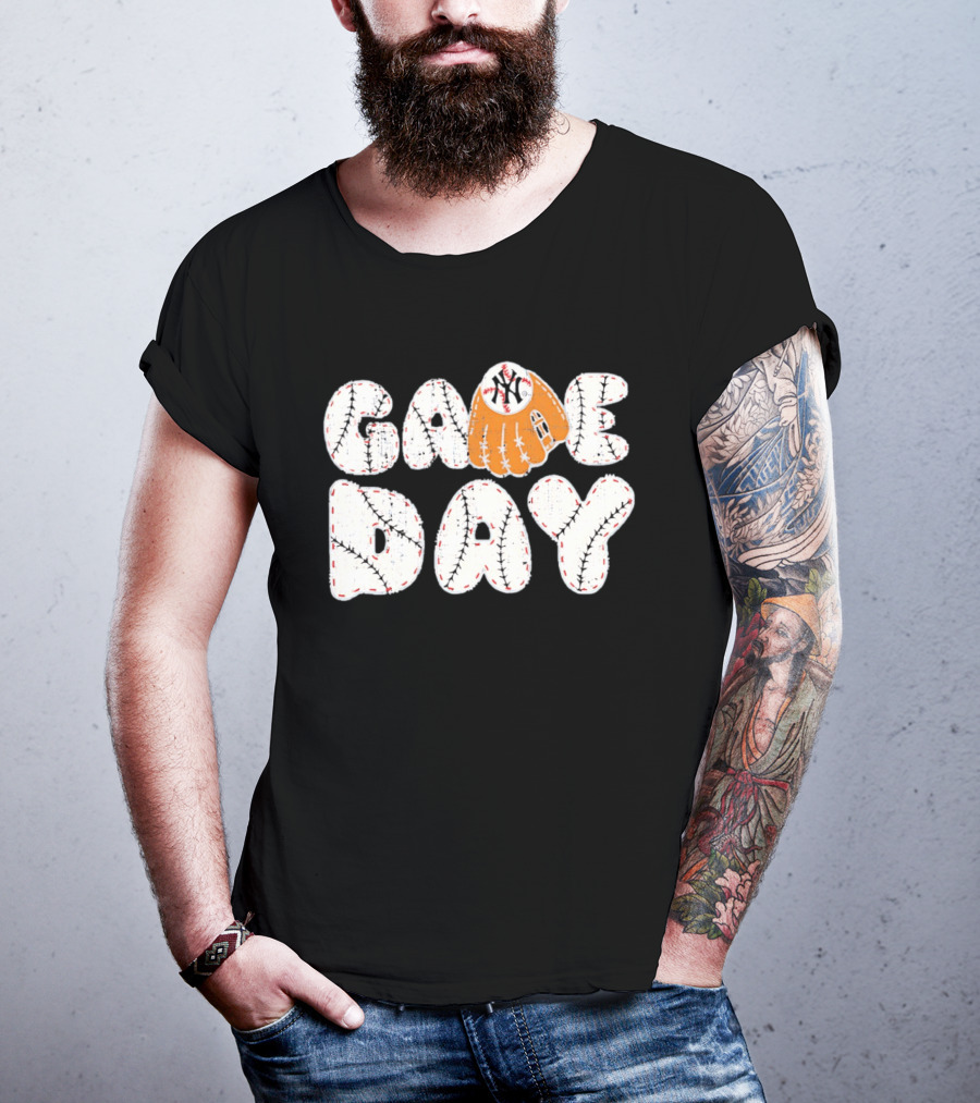 New York Yankees Game Day Baseball MLB NYY Glove And Ball Stitching T-Shirt
