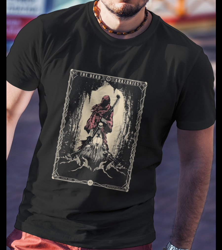 The Dead Krazukies From The Underworld Hooded Figure With Staff And Skulls T-Shirt