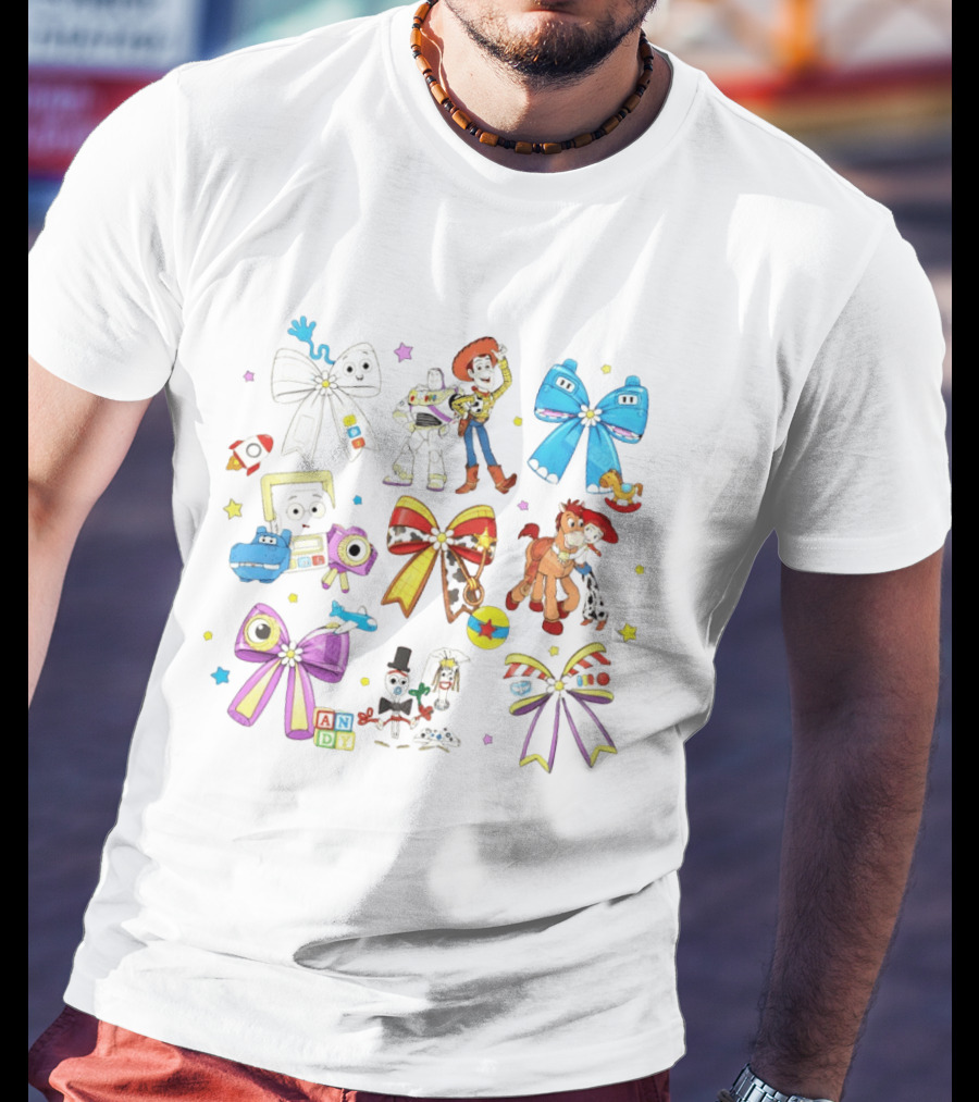 Woody Buzz Jessie Forky Andy Toy Story Characters With Colorful Bows T-Shirt