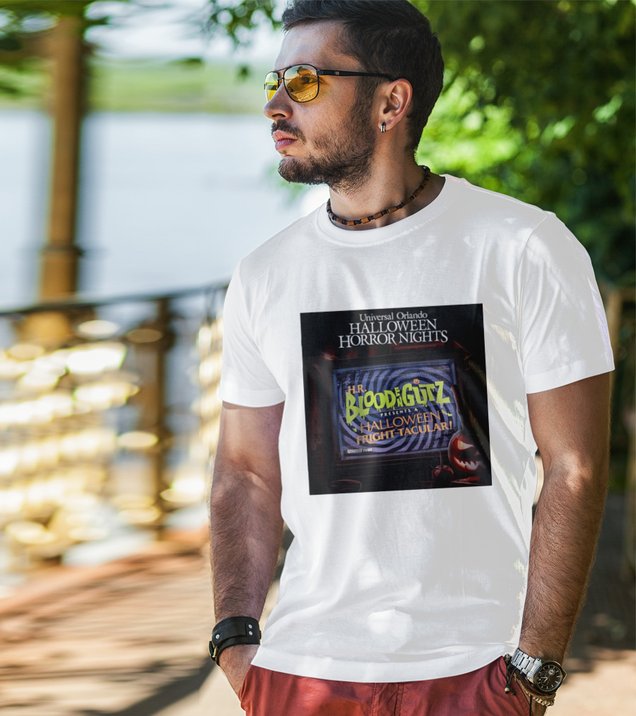 Universal Orlando Halloween Horror Nights HR Blood N Gutz Presents A Halloween Fright Tacular TV Experience T-Shirt