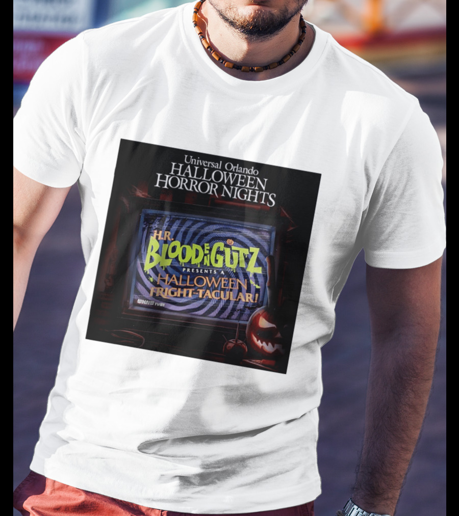 Universal Orlando Halloween Horror Nights HR Blood N Gutz Presents A Halloween Fright Tacular TV Experience T-Shirt