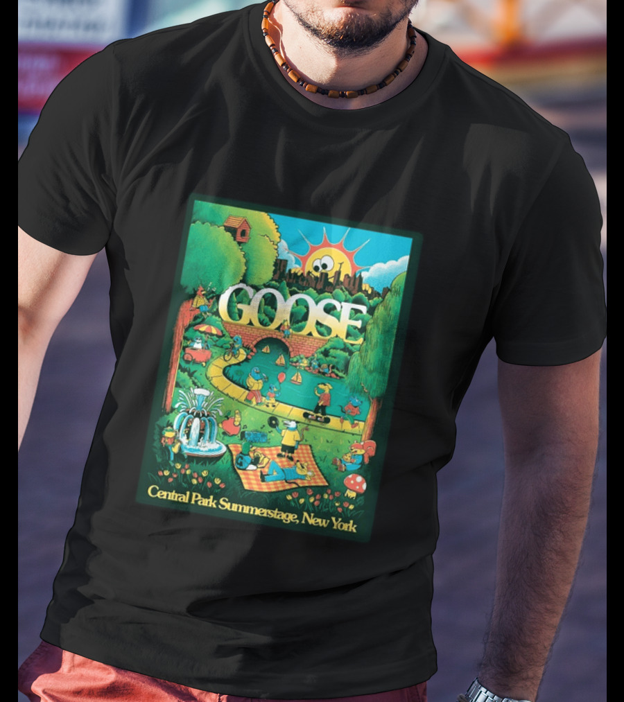 Goose Central Park Summerstage New York 2026 June 21 Lewy Jones Vibrant Park Scene With Sun And Fountain T-Shirt