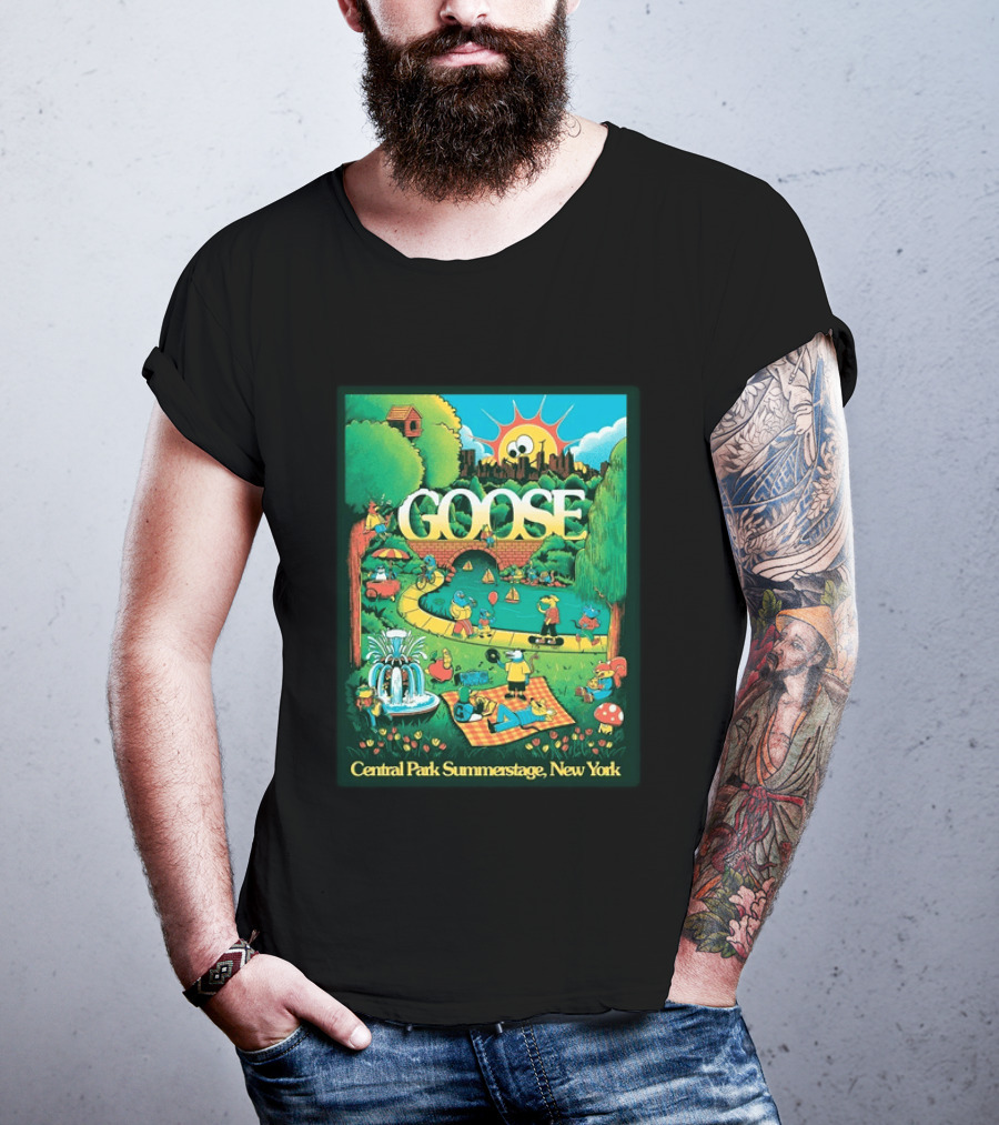 Goose Central Park Summerstage New York 2026 June 21 Lewy Jones Vibrant Park Scene With Sun And Fountain T-Shirt