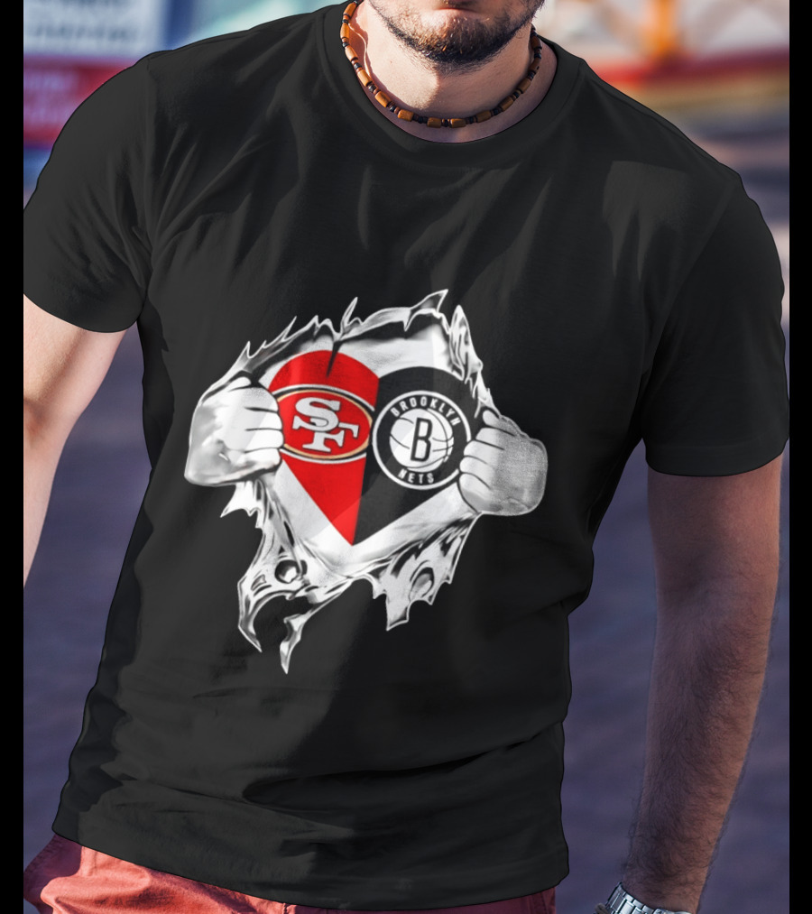 San Francisco 49ers Brooklyn Nets Heart Design Scratch Image T-Shirt