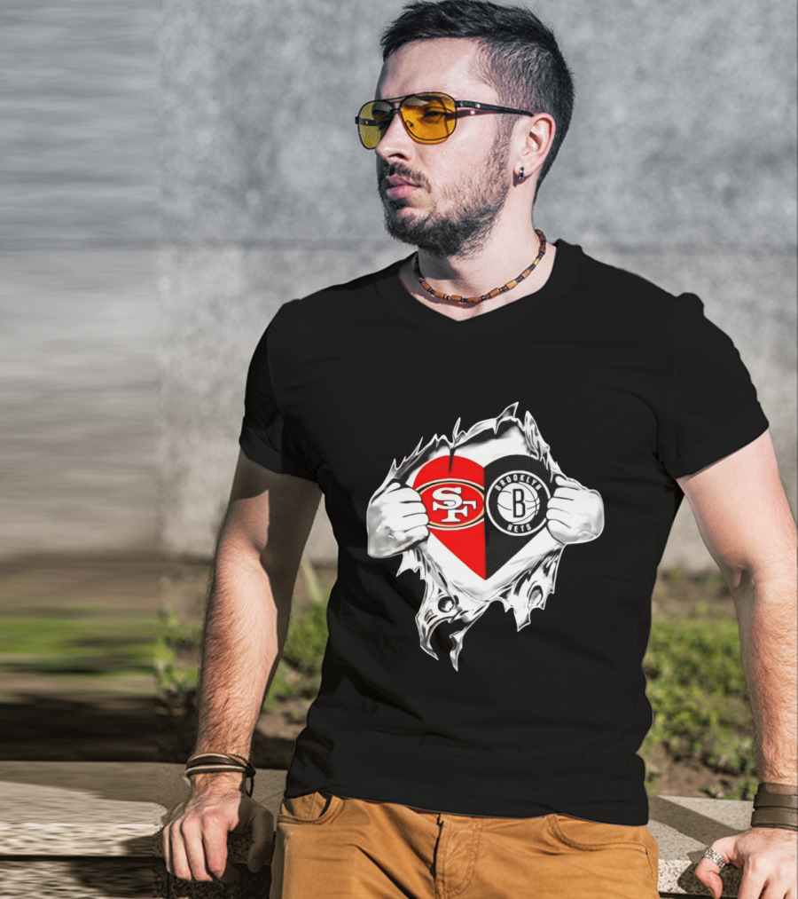 San Francisco 49ers Brooklyn Nets Heart Design Scratch Image T-Shirt