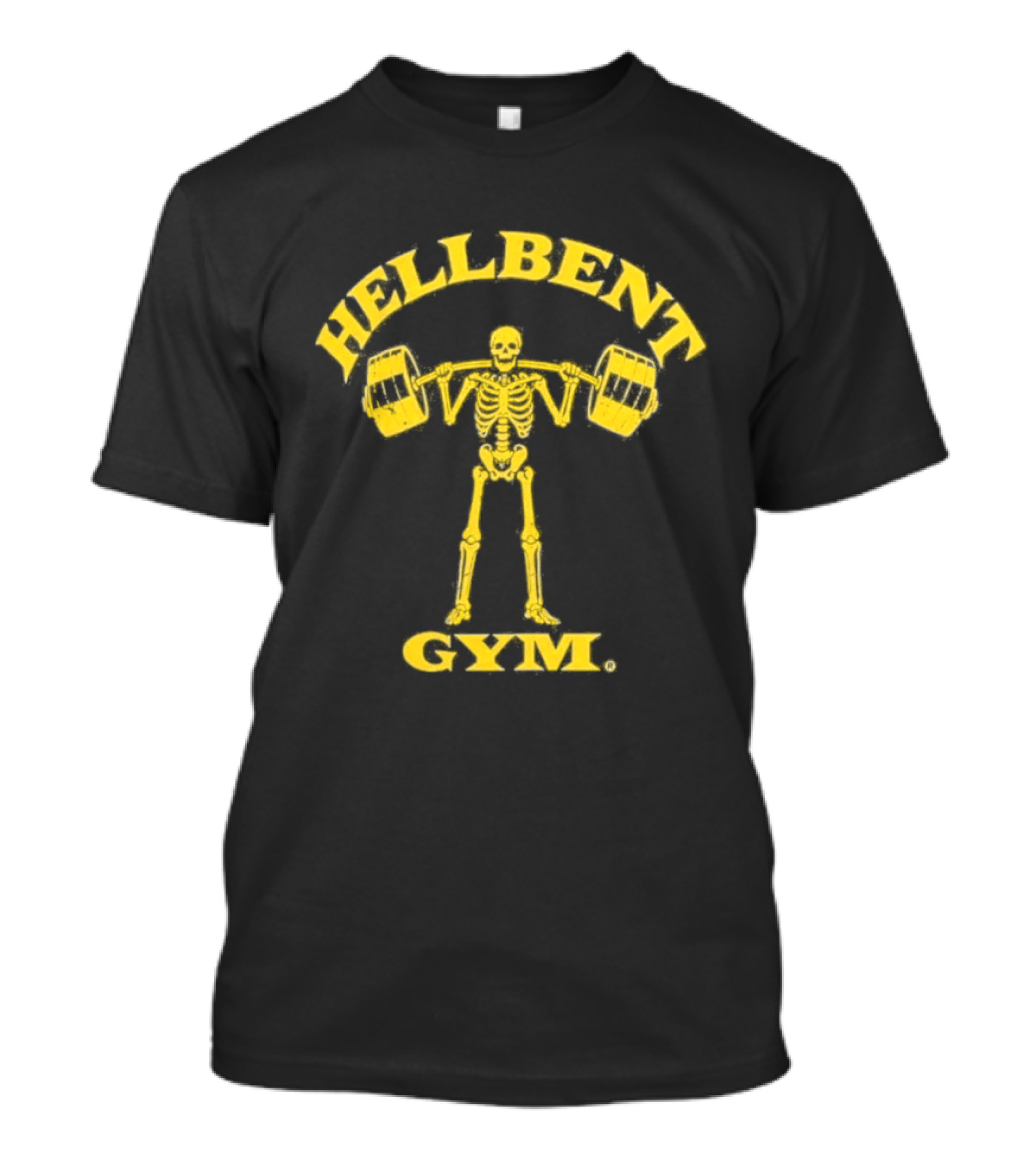 Hellbent Gym Skeleton Lifting Weights Yellow T-Shirt
