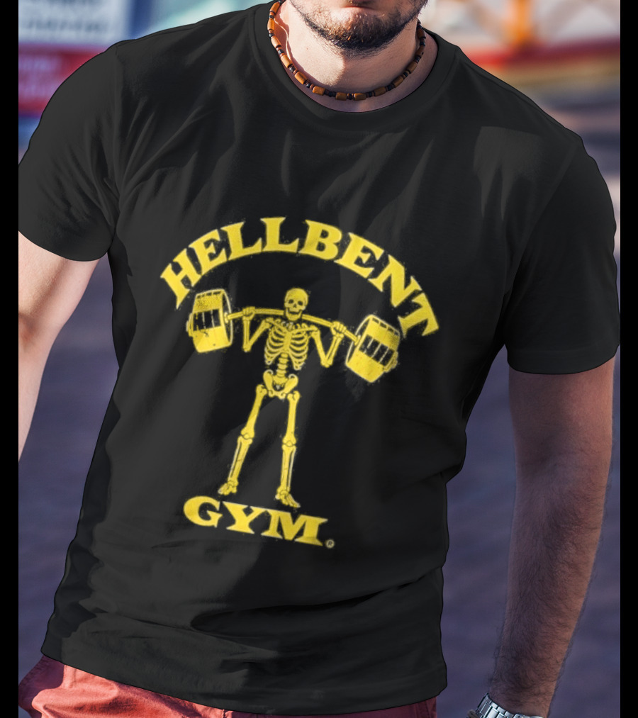 Hellbent Gym Skeleton Lifting Weights Yellow T-Shirt