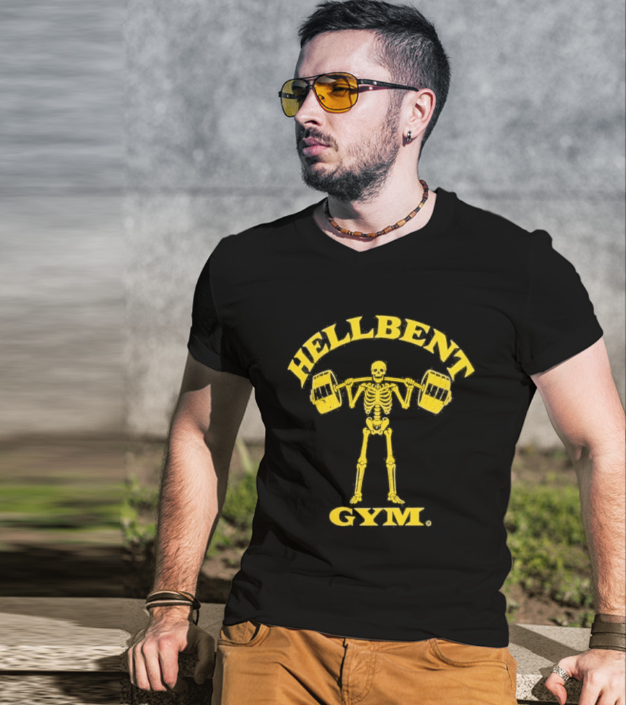 Hellbent Gym Skeleton Lifting Weights Yellow T-Shirt