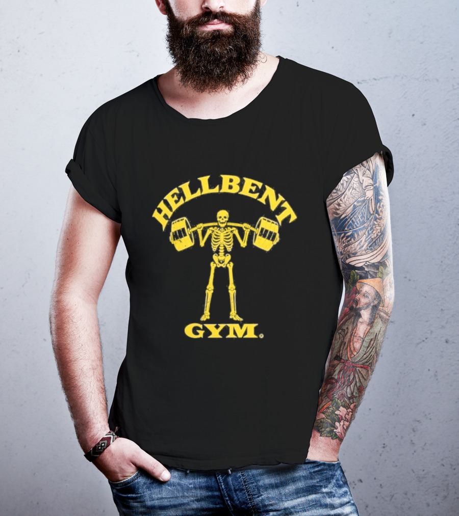 Hellbent Gym Skeleton Lifting Weights Yellow T-Shirt