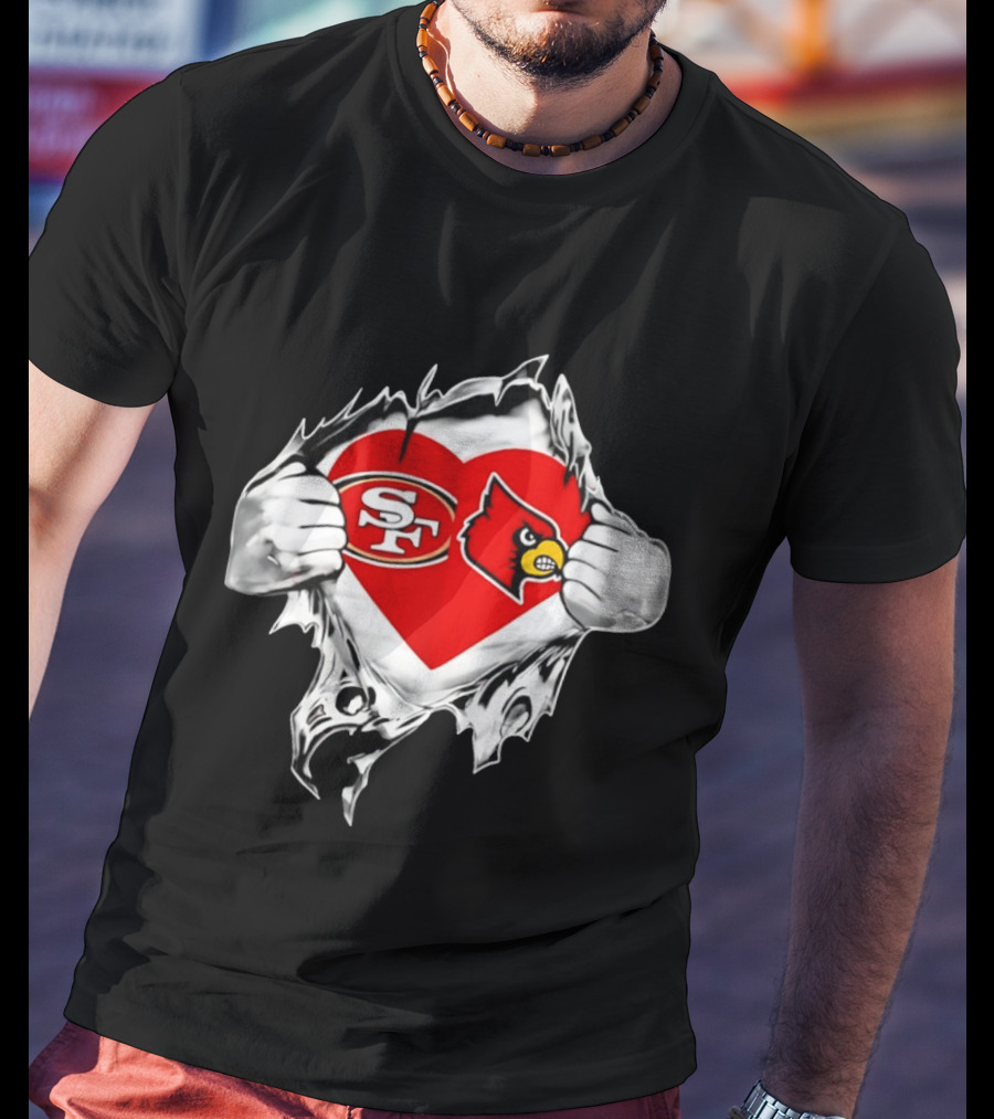 Louisville Cardinals San Francisco 49ers Heart Torn Edge Team Pride T-Shirt