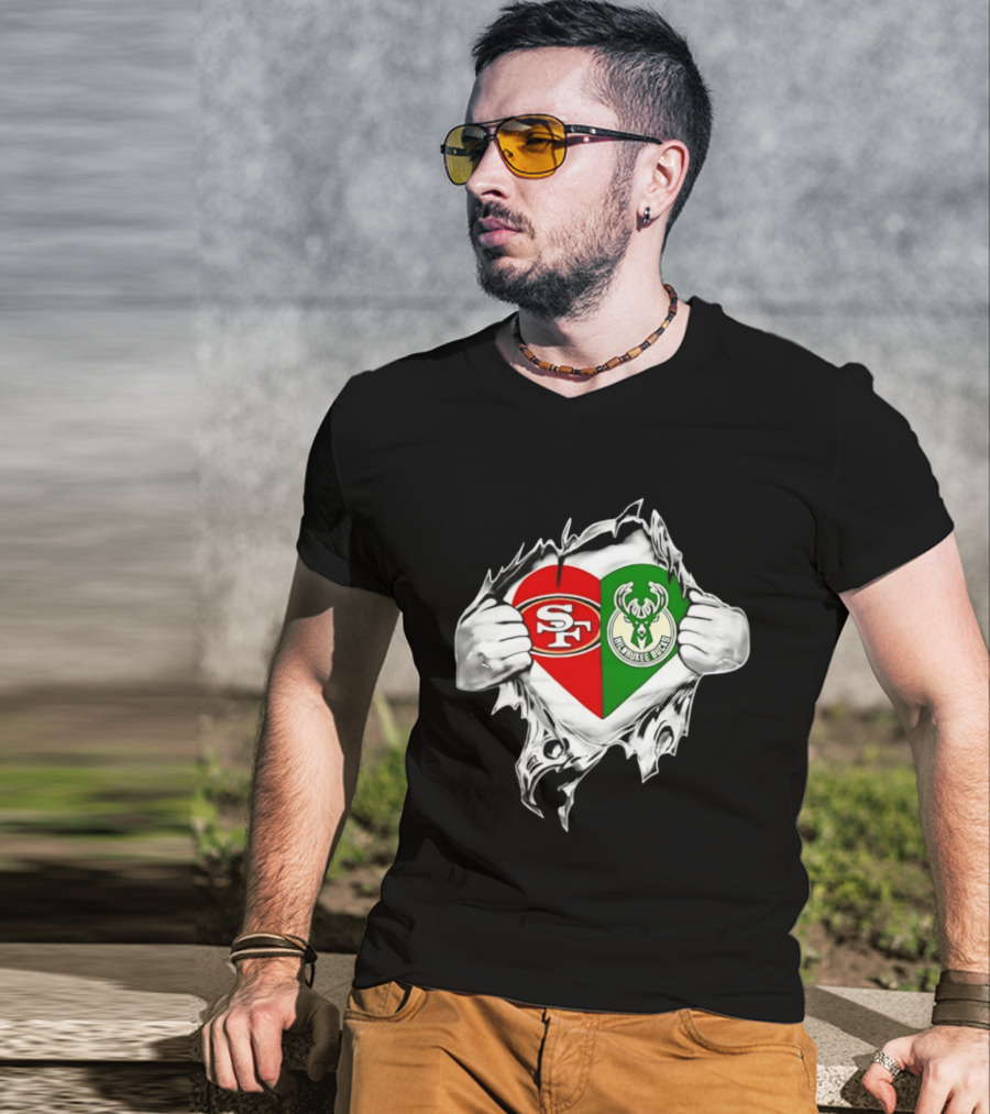 Milwaukee Bucks San Francisco 49ers Heart Scratch T-Shirt