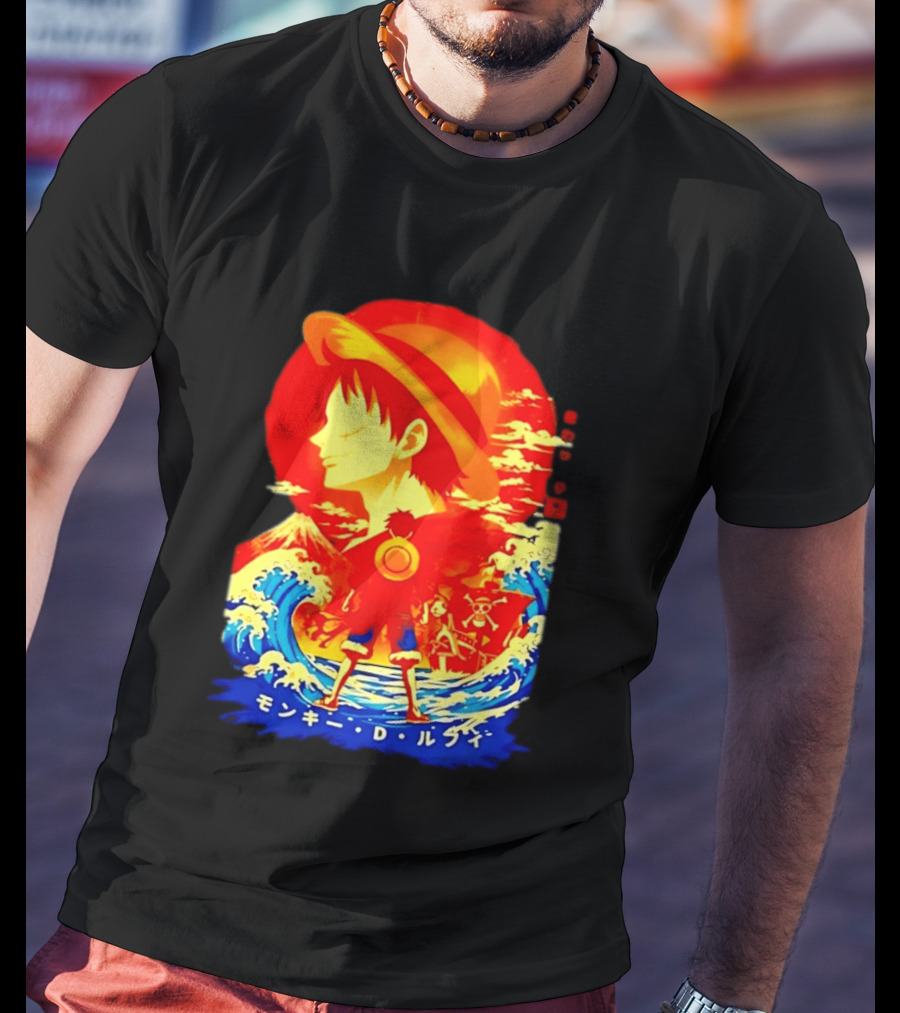 Monkey D. Luffy Straw Hat Waves Japanese Text One Piece Anime T-Shirt