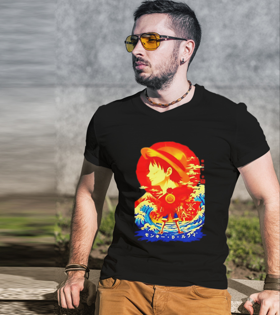 Monkey D. Luffy Straw Hat Waves Japanese Text One Piece Anime T-Shirt