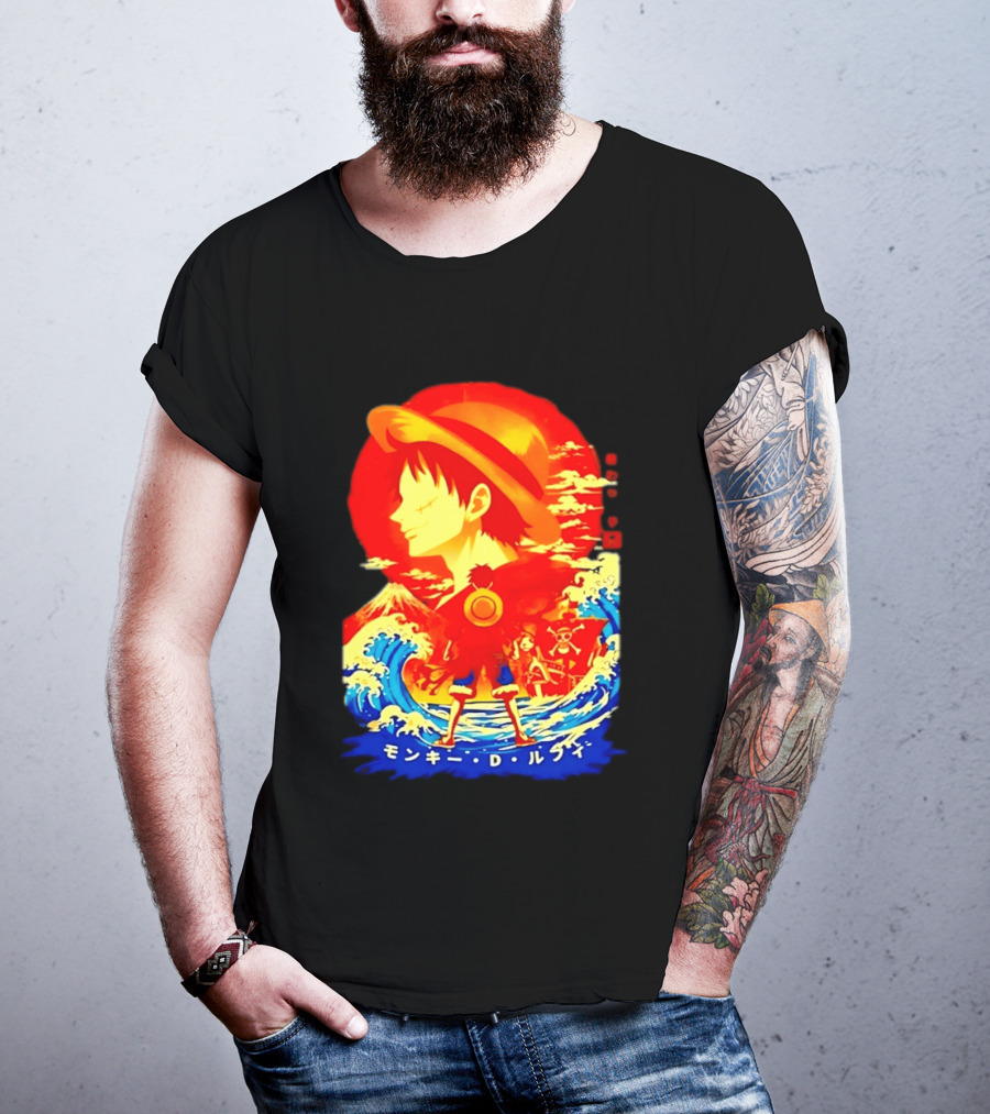 Monkey D. Luffy Straw Hat Waves Japanese Text One Piece Anime T-Shirt