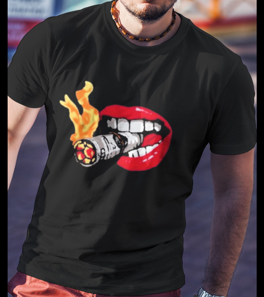 Flaming Smoking Money Lips Chenille T-Shirt