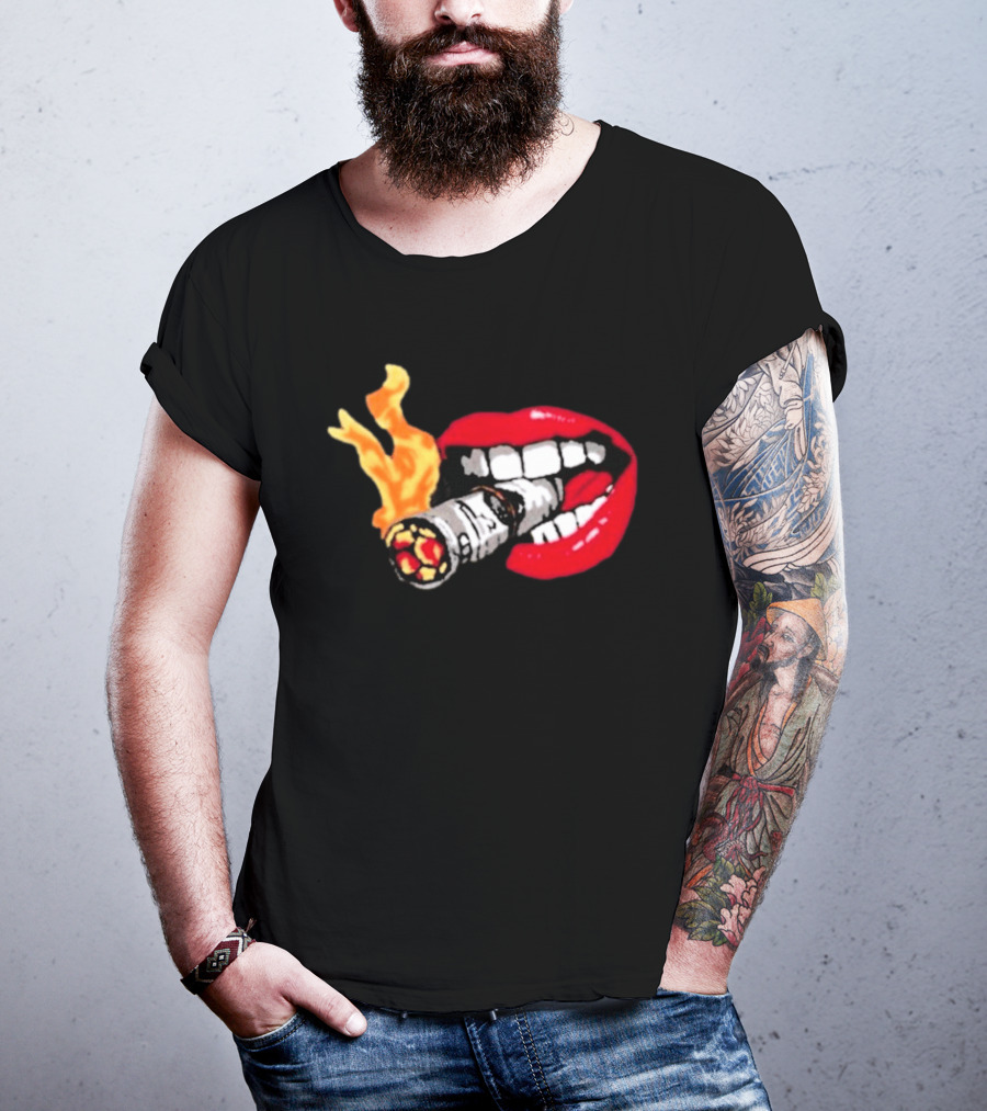 Flaming Smoking Money Lips Chenille T-Shirt
