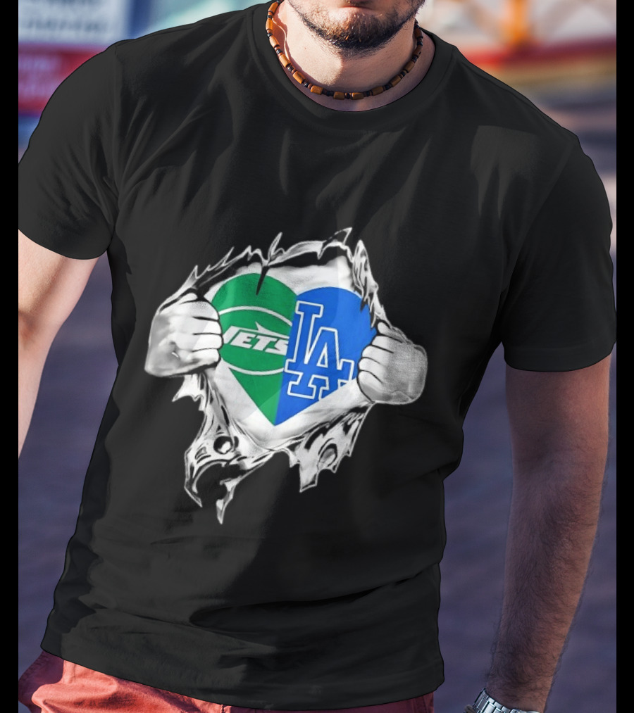 New York Jets Los Angeles Dodgers Heart Scratch T-Shirt