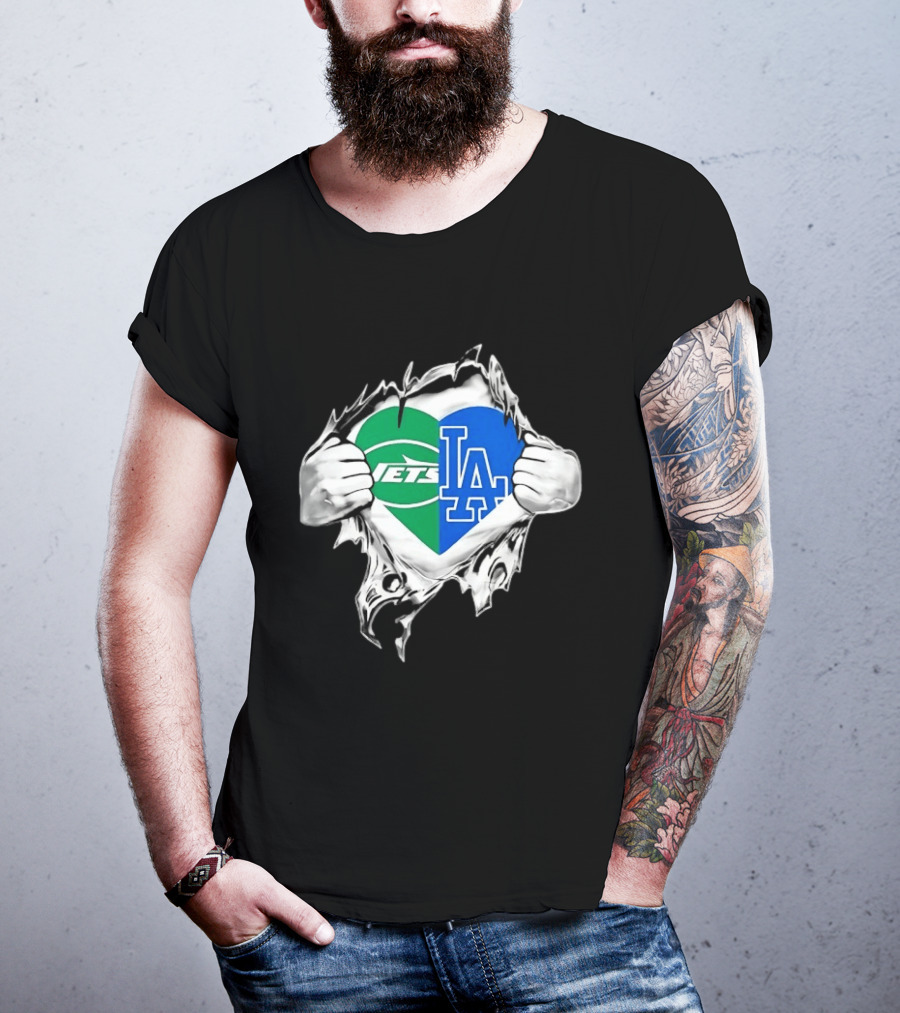 New York Jets Los Angeles Dodgers Heart Scratch T-Shirt